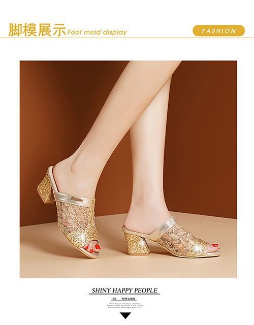 New Style Shiny Beauty Square heel Round toe Popular mules Summer high heel slippers for women and ladies