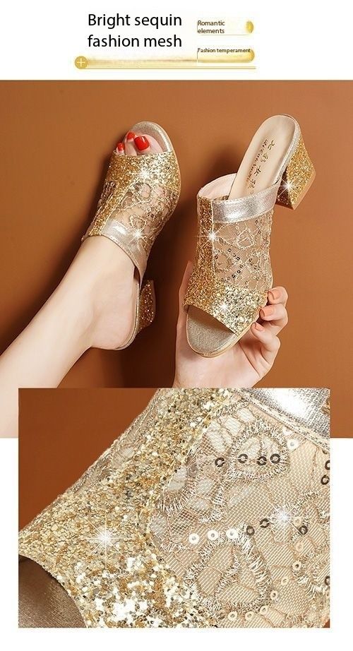New Style Shiny Beauty Square heel Round toe Popular mules Summer high heel slippers for women and ladies