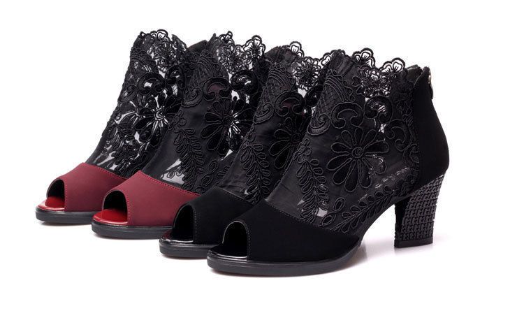 High heeled sandals for women with a comfortable fish mouth. Thick heels, breathable mesh and back zipper for women's cool boots.