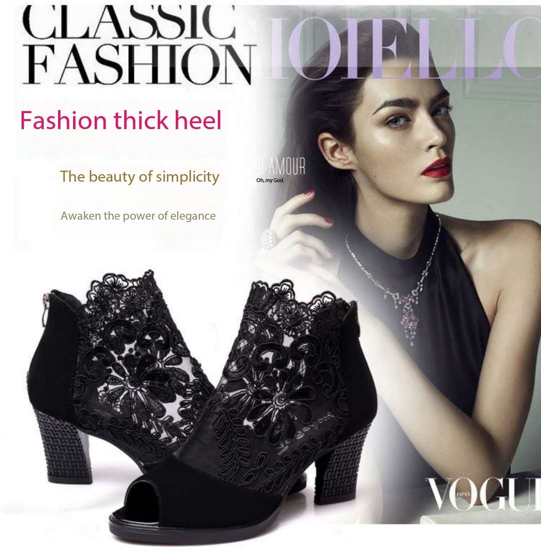 High heeled sandals for women with a comfortable fish mouth. Thick heels, breathable mesh and back zipper for women's cool boots.