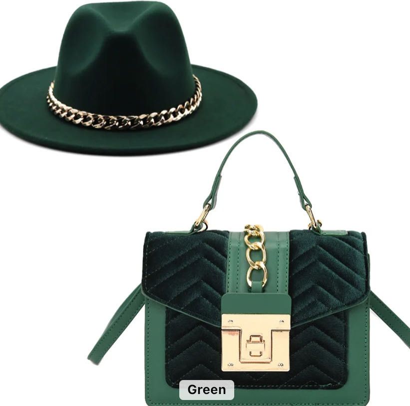 Ladies Jazz  hat wide brim fedora with chain head bands and velvet hand bag