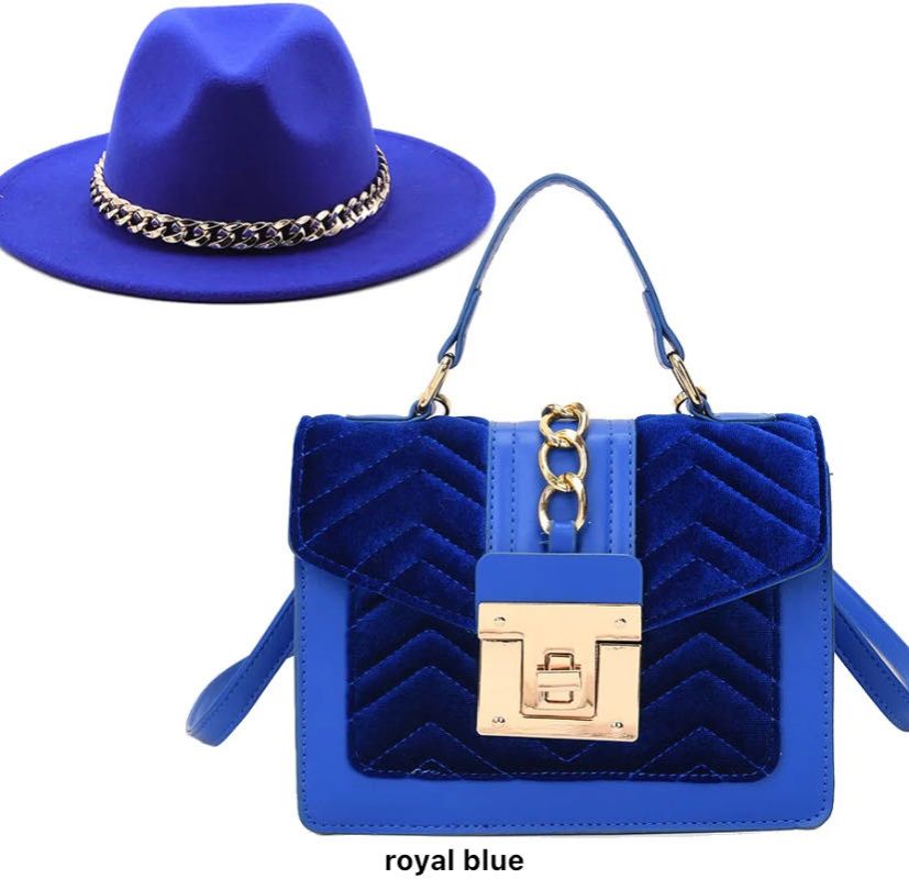 Ladies Jazz  hat wide brim fedora with chain head bands and velvet hand bag