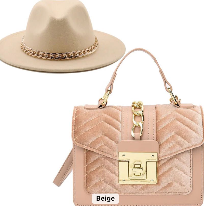 Ladies Jazz  hat wide brim fedora with chain head bands and velvet hand bag