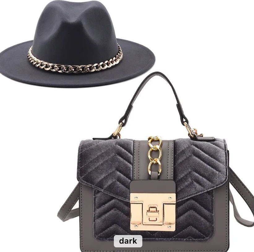 Ladies Jazz  hat wide brim fedora with chain head bands and velvet hand bag