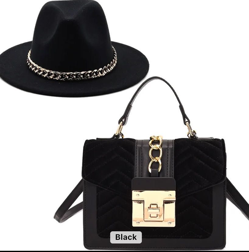 Ladies Jazz  hat wide brim fedora with chain head bands and velvet hand bag