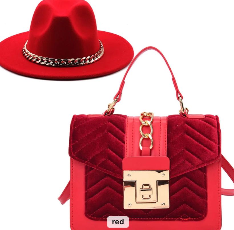 Ladies Jazz  hat wide brim fedora with chain head bands and velvet hand bag