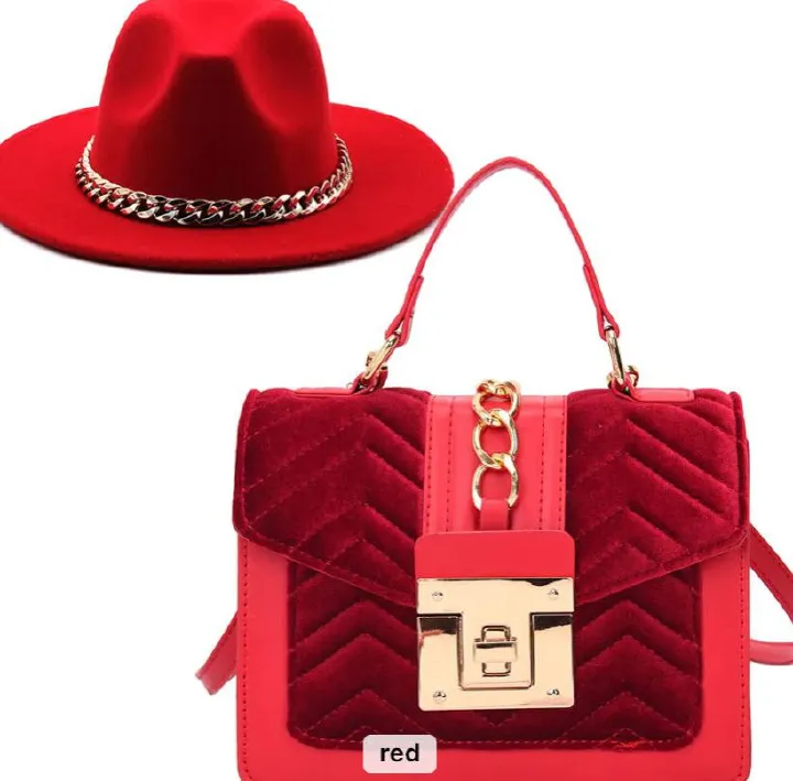 Ladies Jazz  hat wide brim fedora with chain head bands and velvet hand bag