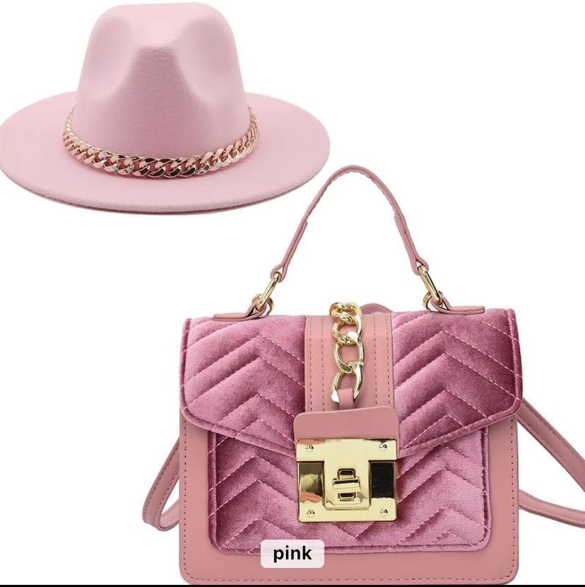 Ladies Jazz  hat wide brim fedora with chain head bands and velvet hand bag