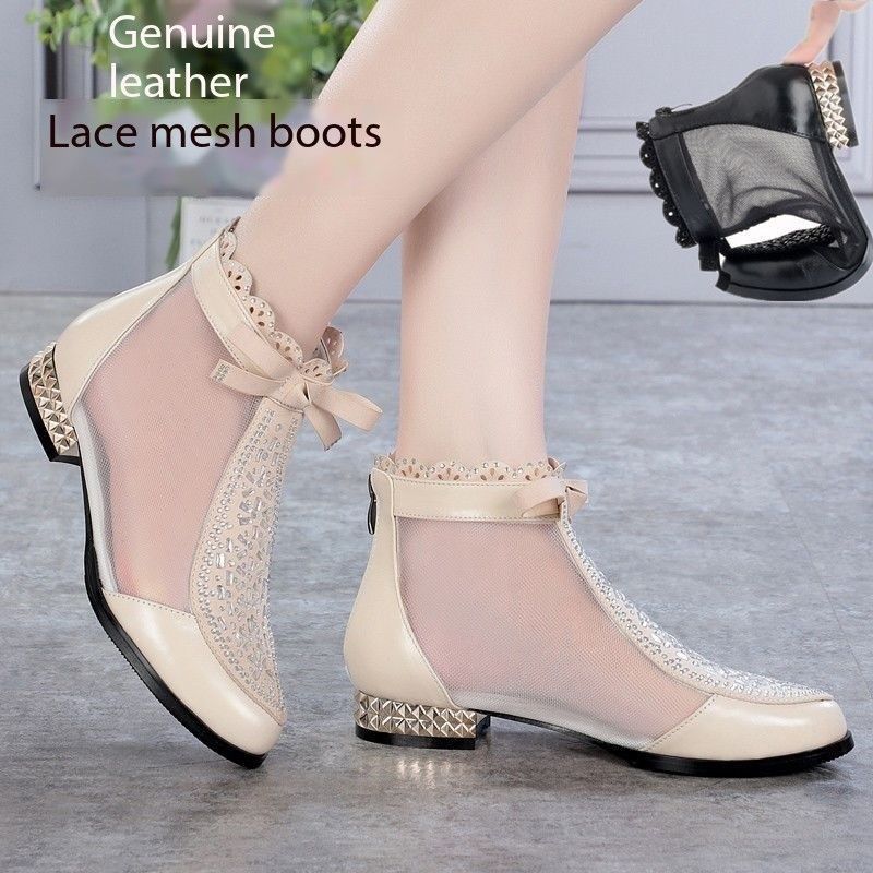 Muffled Leather lacquered net boots women 's summer low heel sandals breathable flat leather Big Size 35-43