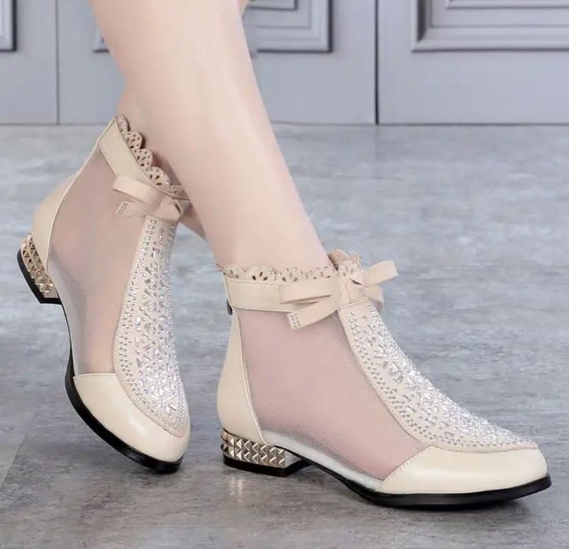 Muffled Leather lacquered net boots women 's summer low heel sandals breathable flat leather Big Size 35-43