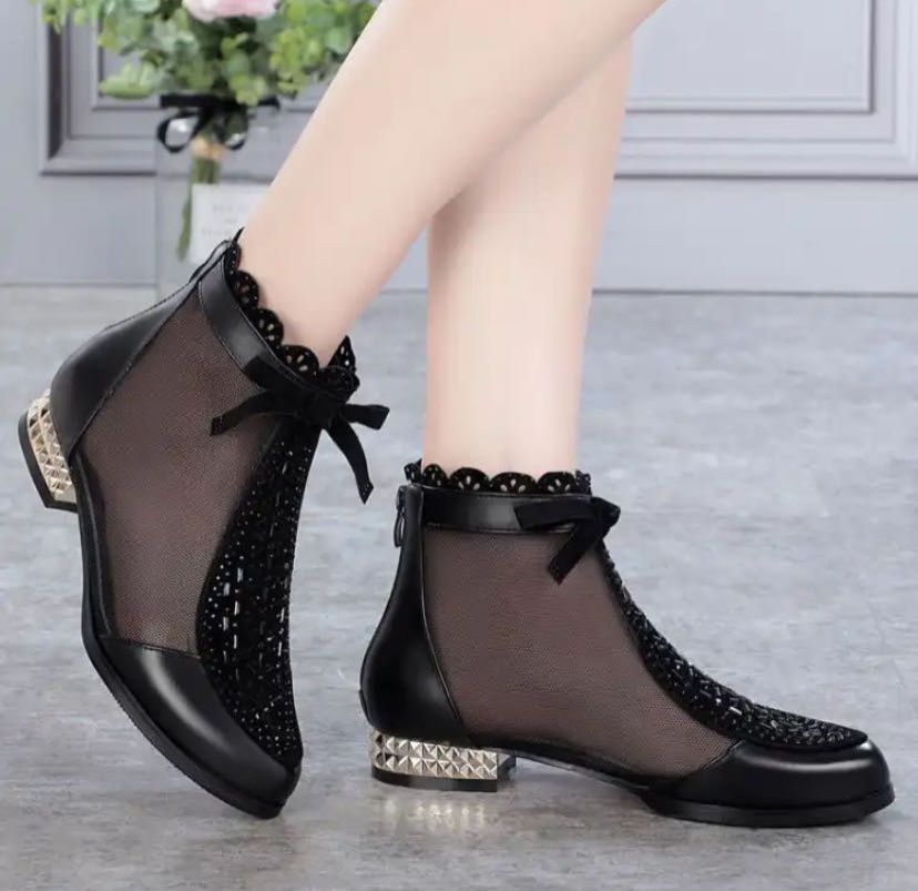 Muffled Leather lacquered net boots women 's summer low heel sandals breathable flat leather Big Size 35-43