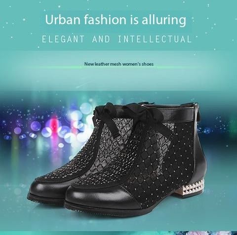 Muffled Leather lacquered net boots women 's summer low heel sandals breathable flat leather Big Size 35-43