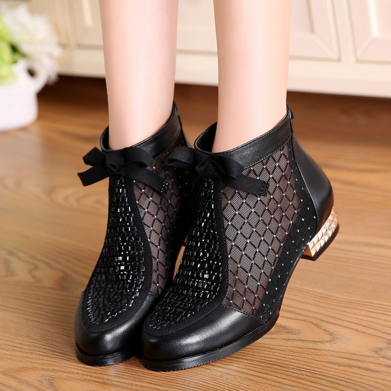 Muffled Leather lacquered net boots women 's summer low heel sandals breathable flat leather Big Size 35-43