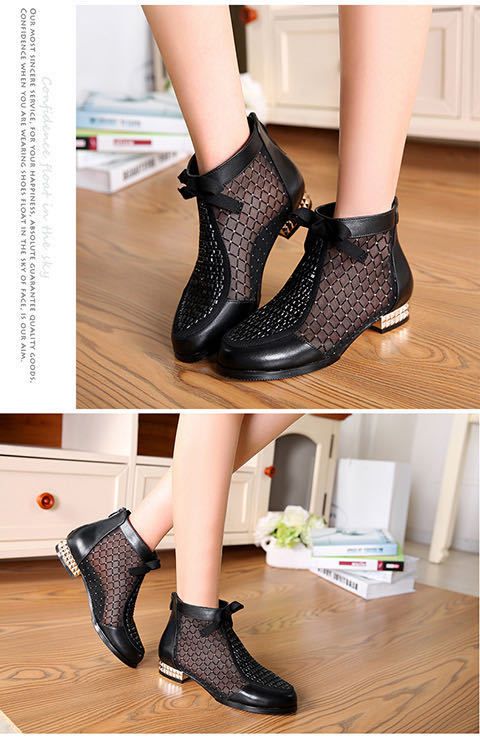 Muffled Leather lacquered net boots women 's summer low heel sandals breathable flat leather Big Size 35-43