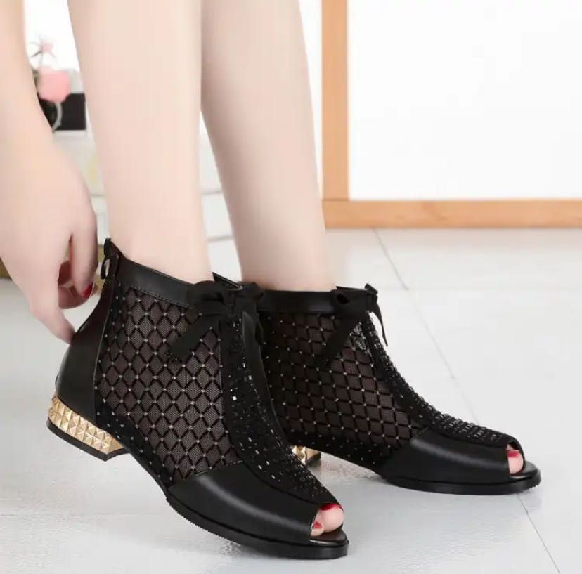 Muffled Leather lacquered net boots women 's summer low heel sandals breathable flat leather Big Size 35-43