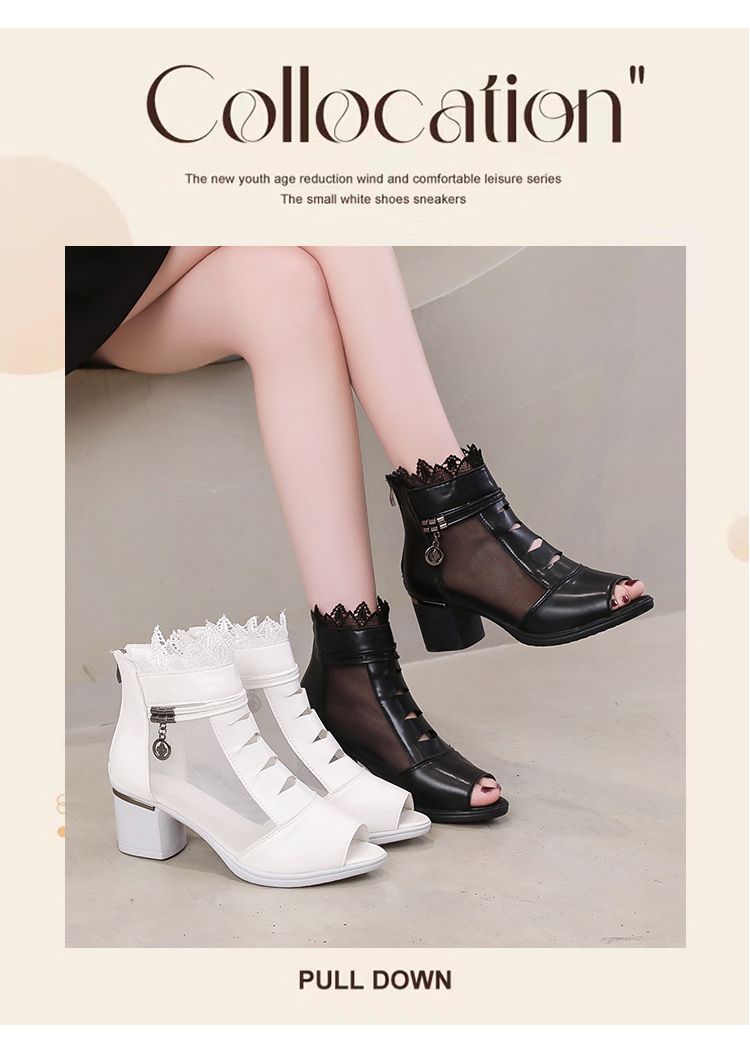 Muffled Leather lacquered net boots women 's summer low heel sandals breathable flat leather.