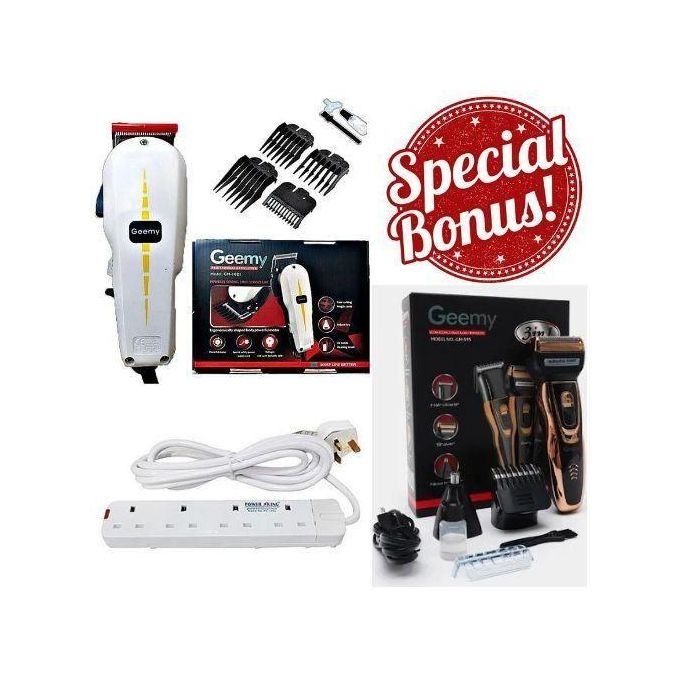 Geemy Professional Barbering Hair/Shaving Machine-Kinyozi & Best 4 Way Power Extension Cable & Rechargeable Smart 3 in 1 Hair Clipper/Trimmer With Smoother