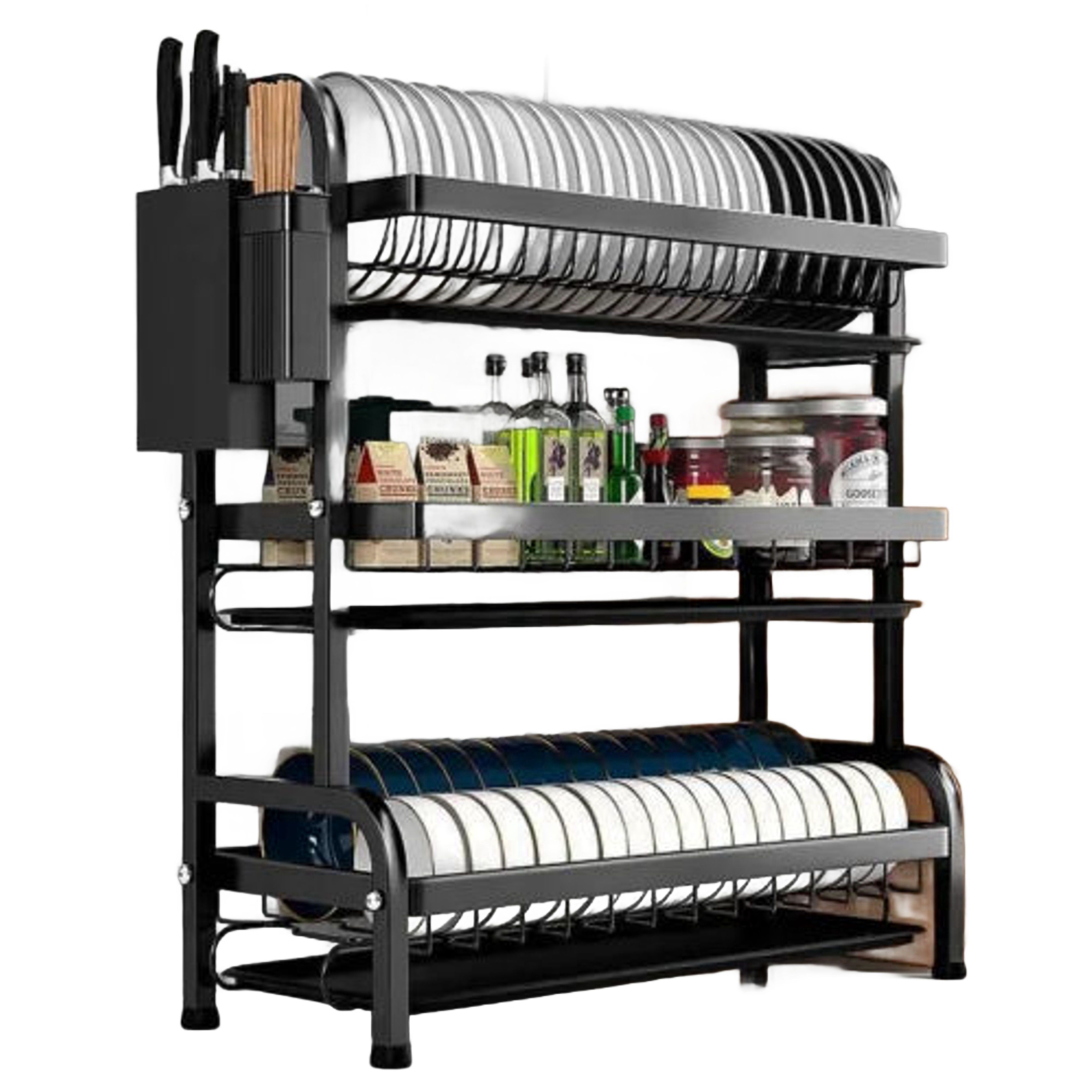 Dish rack 3 layer advanced new model with cutlery holder & Chop Board Holder High quality heavy duty 3 tier dish rack with cutlery holder. The material used is Carbon steel metal