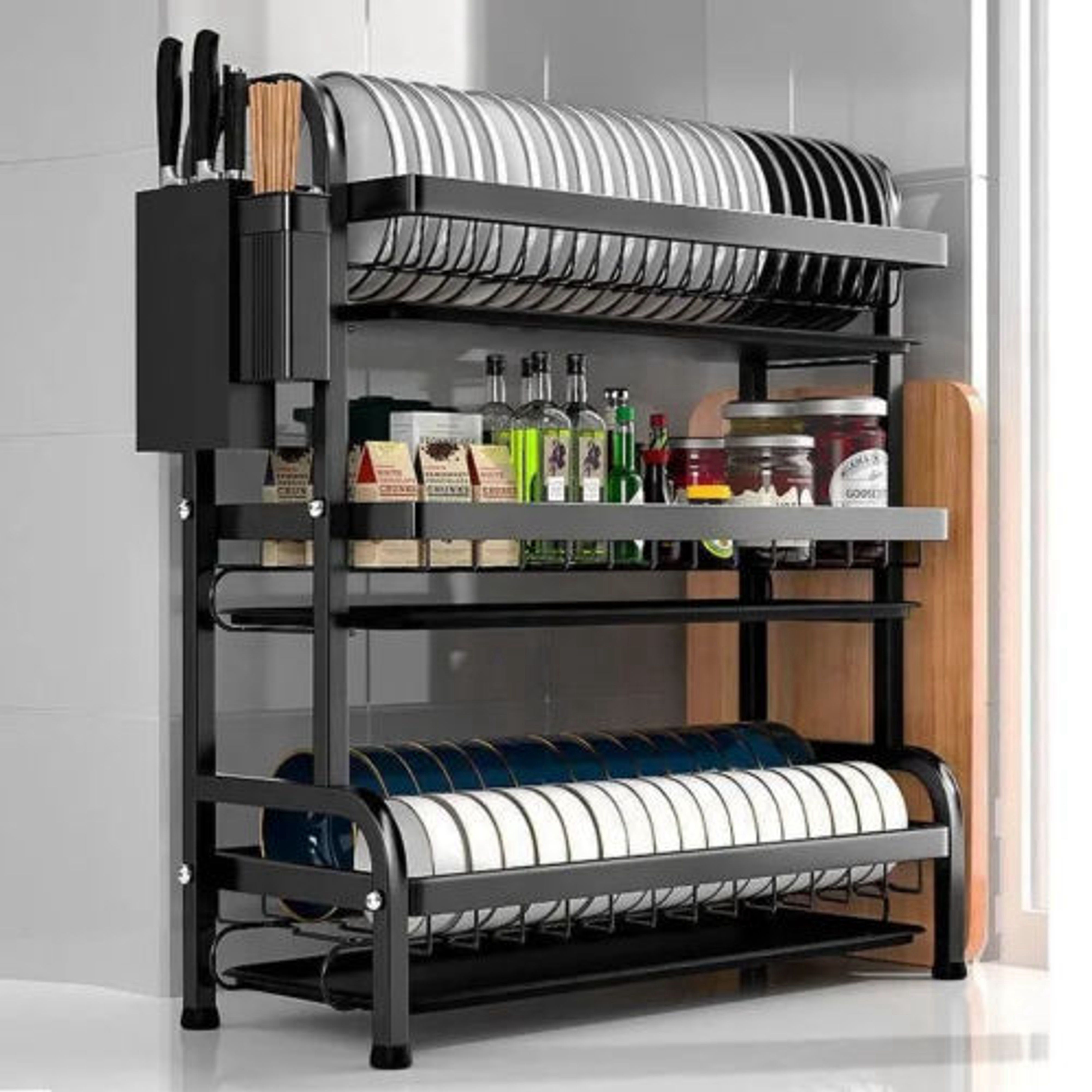 Dish rack 3 layer advanced new model with cutlery holder & Chop Board Holder High quality heavy duty 3 tier dish rack with cutlery holder. The material used is Carbon steel metal