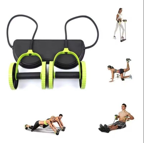 Gym Exercise Home Fitness Equipment Double Wheel Abdominal Fitness ABS Revoflex Xtreme Wheel AB Power Wheel With Elastic Pull RopeHome Fitness Muscle Exercise Equipment Double Wheel Abdominal  - Green