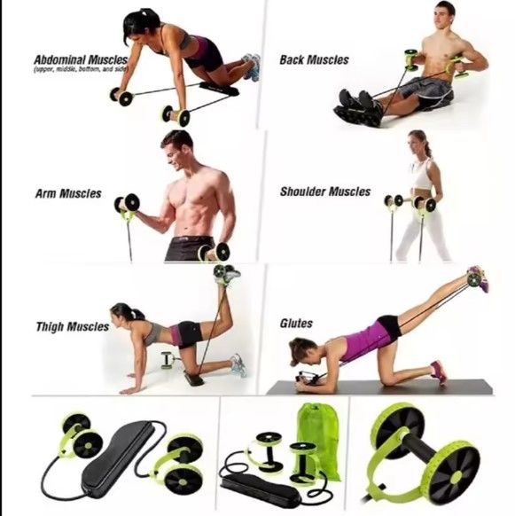 Gym Exercise Home Fitness Equipment Double Wheel Abdominal Fitness ABS Revoflex Xtreme Wheel AB Power Wheel With Elastic Pull RopeHome Fitness Muscle Exercise Equipment Double Wheel Abdominal  - Green