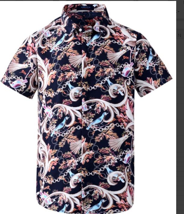 Men Shirt Short Sleeved Hawaiian Navy Baroque-Inspired For Casual or Semi-Formal Occasions. ,Artistic Floral And Bird Pattern, Perfect For Making A Bold Style Statement