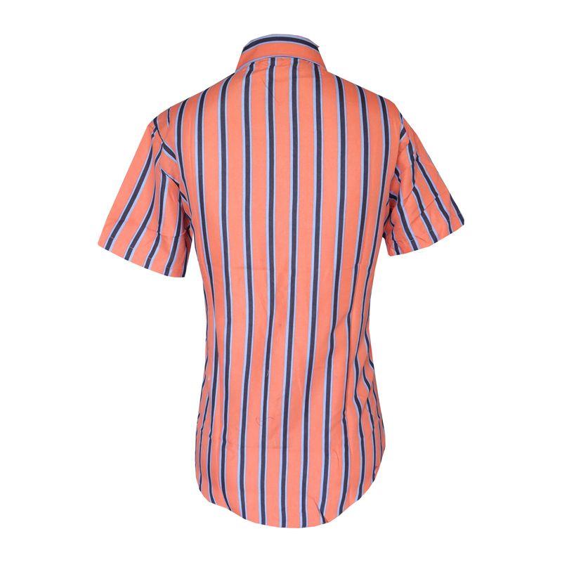 Peach And Navy Striped Men's Shirt Poly Cotton Short Sleeve. Stylish And Vibrant Piece Designed For Casual And Smart-casual Occasions. The Button-Front Closure Tailored Fit Ensure A Sleek And Modern