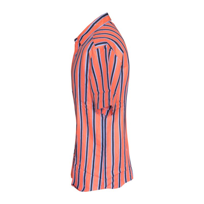 Peach And Navy Striped Men's Shirt Poly Cotton Short Sleeve. Stylish And Vibrant Piece Designed For Casual And Smart-casual Occasions. The Button-Front Closure Tailored Fit Ensure A Sleek And Modern
