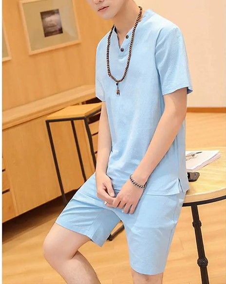2 Pcs Fashion Men's T-Shirt + Shorts Navy Blue Short set suit Casual Breathable