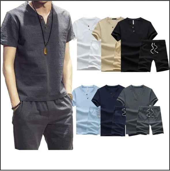 2 Pcs Fashion Men's T-Shirt + Shorts Navy Blue Short set suit Casual Breathable