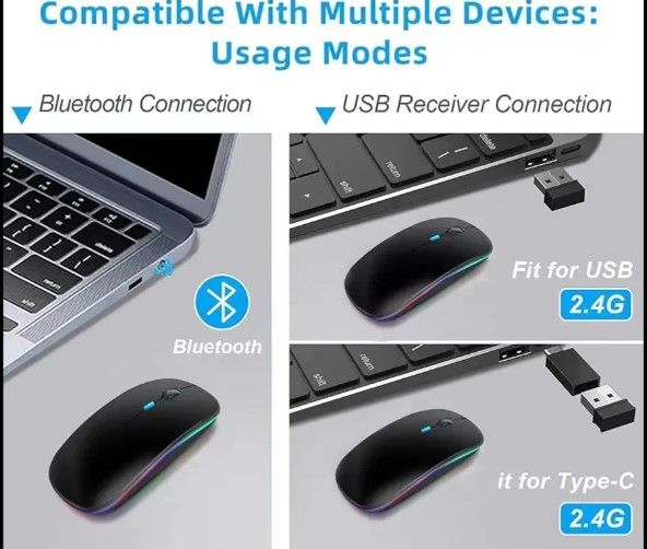 The Rechargeable Bluetooth Wireless Mouse with 2.4G RGB LED lights is the perfect combination of style, functionality, and convenience for all your computing needs. Comes With A USB Receiver