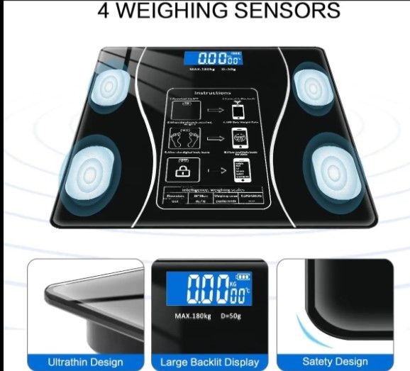 Wireless Intelligent Digital Bathroom Tempered Glass Platform BMI Scale, Body Fat Scale, Body Composition Analyzer with Smartphone Application and Bluetooth synchronous Scale
