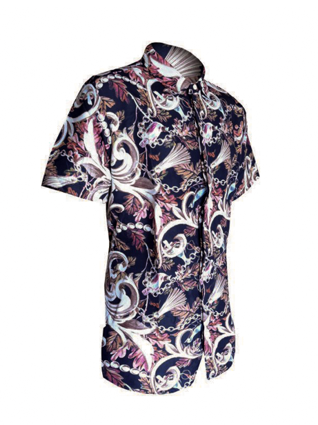 Men Shirt Short Sleeved Hawaiian Navy Baroque-Inspired For Casual or Semi-Formal Occasions. ,Artistic Floral And Bird Pattern, Perfect For Making A Bold Style Statement