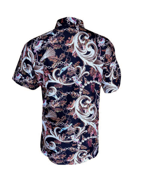 Men Shirt Short Sleeved Hawaiian Navy Baroque-Inspired For Casual or Semi-Formal Occasions. ,Artistic Floral And Bird Pattern, Perfect For Making A Bold Style Statement