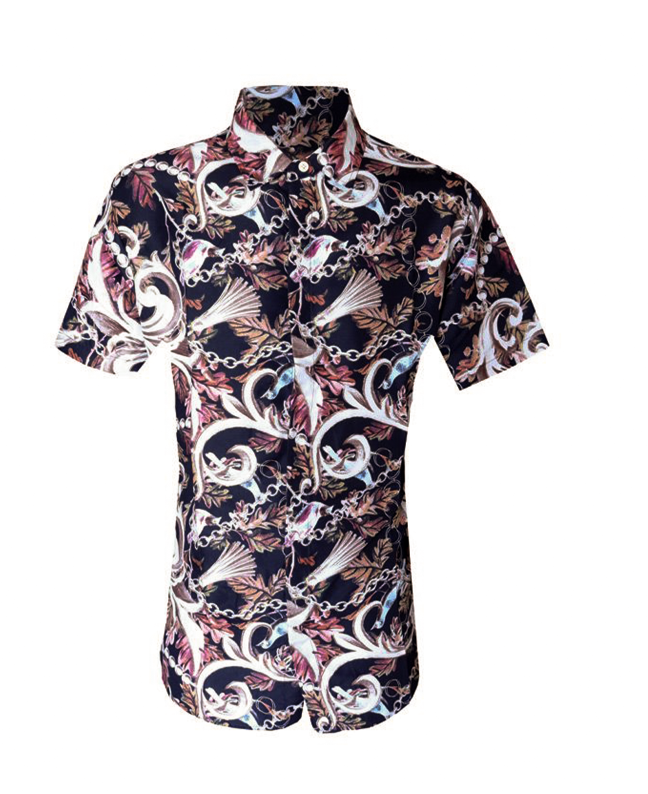 Men Shirt Short Sleeved Hawaiian Navy Baroque-Inspired For Casual or Semi-Formal Occasions. ,Artistic Floral And Bird Pattern, Perfect For Making A Bold Style Statement