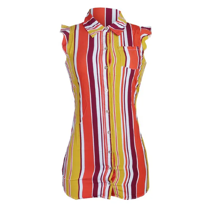 Women’s Sleeveless Striped Ladies Shirt Is designed For Comfort And Fashion. Featuring A Bold Vertical Stripe Pattern In Vibrant Shades Of Red, Orange, Yellow And White,