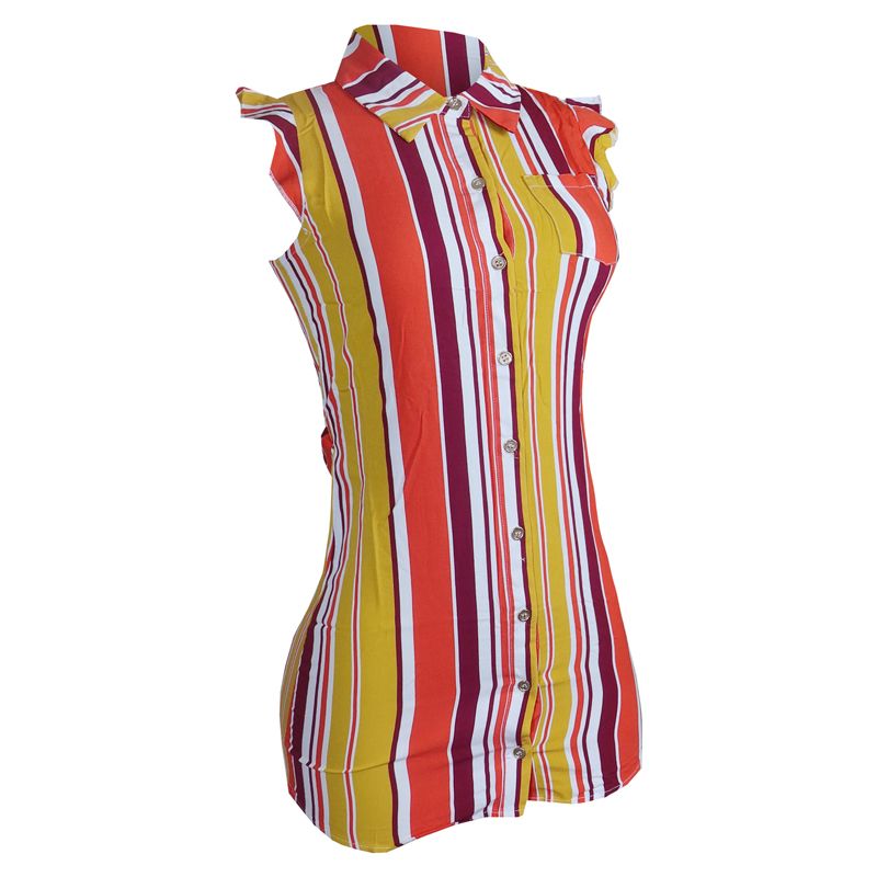 Women’s Sleeveless Striped Ladies Shirt Is designed For Comfort And Fashion. Featuring A Bold Vertical Stripe Pattern In Vibrant Shades Of Red, Orange, Yellow And White,