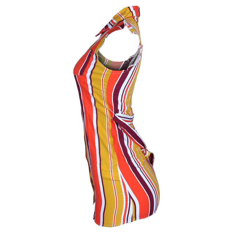 Women’s Sleeveless Striped Ladies Shirt Is designed For Comfort And Fashion. Featuring A Bold Vertical Stripe Pattern In Vibrant Shades Of Red, Orange, Yellow And White,