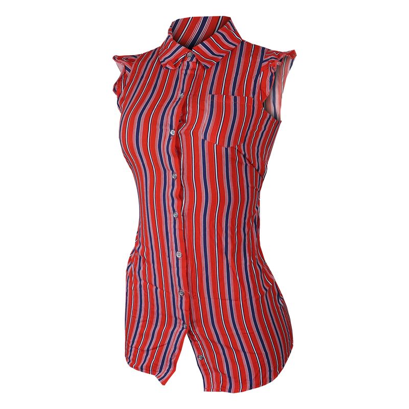 Women Shirt Lades Top  Stylish Sleeveless Striped Button-Down Shirt For Women. Featuring A Bold Red, Blue, And White Vertical Stripe Pattern For Both Casual And Semi-Formal Wear