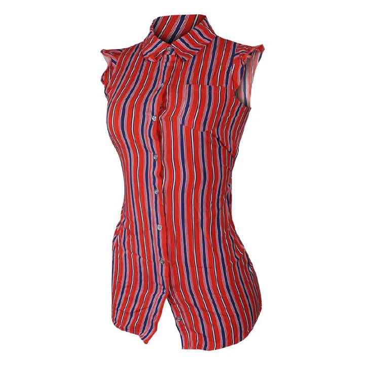 Women Shirt Lades Top  Stylish Sleeveless Striped Button-Down Shirt For Women. Featuring A Bold Red, Blue, And White Vertical Stripe Pattern For Both Casual And Semi-Formal Wear