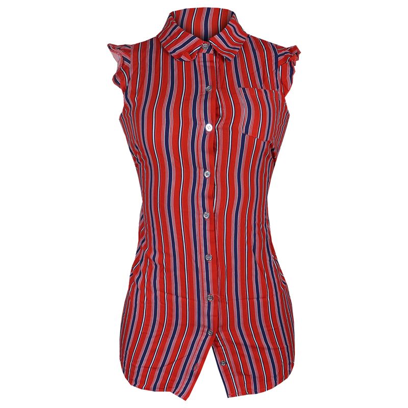 Women Shirt Lades Top  Stylish Sleeveless Striped Button-Down Shirt For Women. Featuring A Bold Red, Blue, And White Vertical Stripe Pattern For Both Casual And Semi-Formal Wear