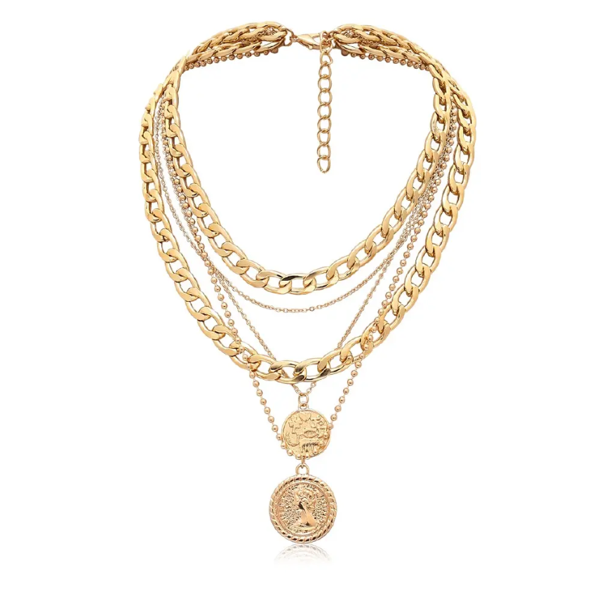 Bold & Trendy Gold Layered Chain Necklace With Coin Pendants. Make A Fashion Statement With This Gorgeous Layered Gold Necklace! Featuring A Mix Of Chunky Chains And Delicate Layers