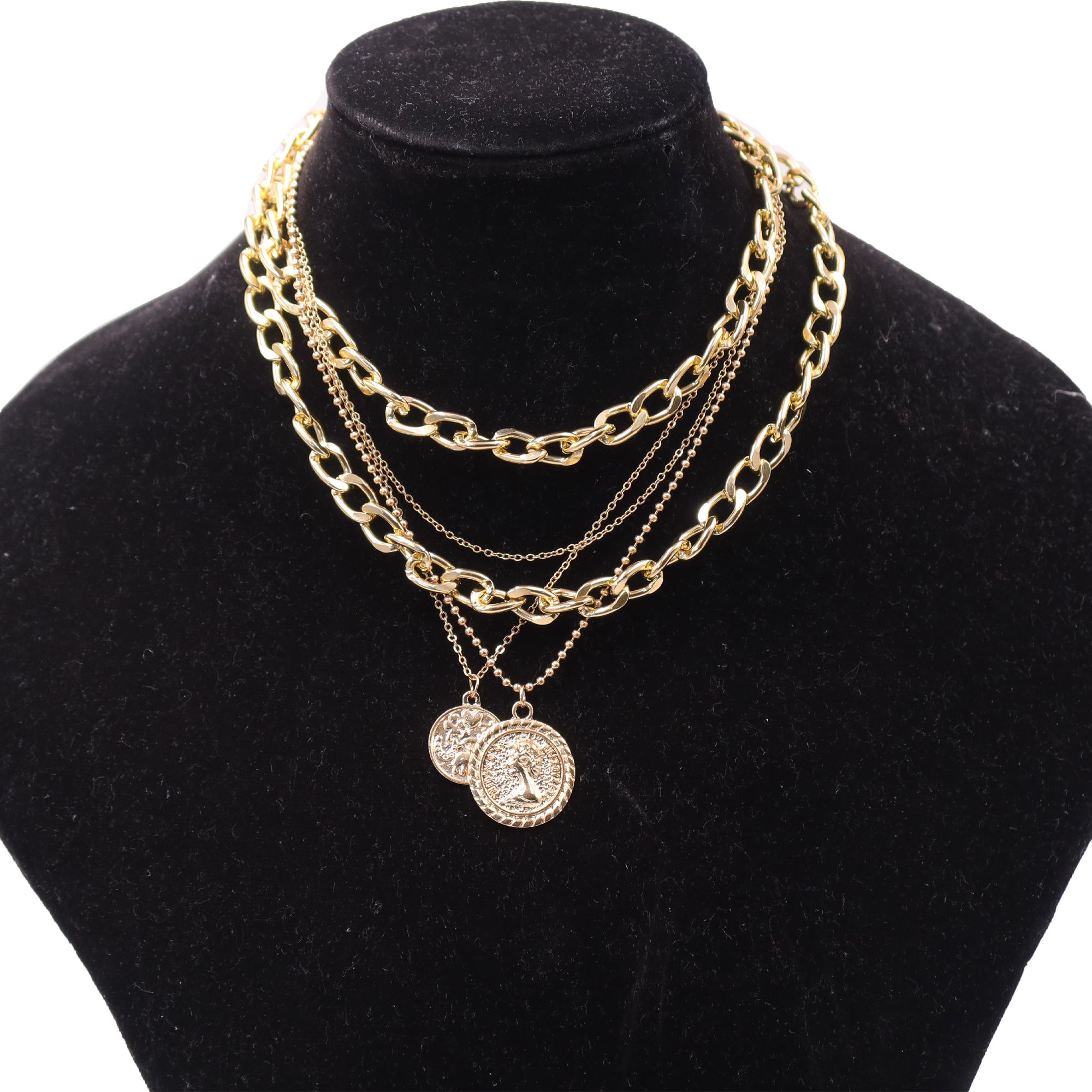 Bold & Trendy Gold Layered Chain Necklace With Coin Pendants. Make A Fashion Statement With This Gorgeous Layered Gold Necklace! Featuring A Mix Of Chunky Chains And Delicate Layers