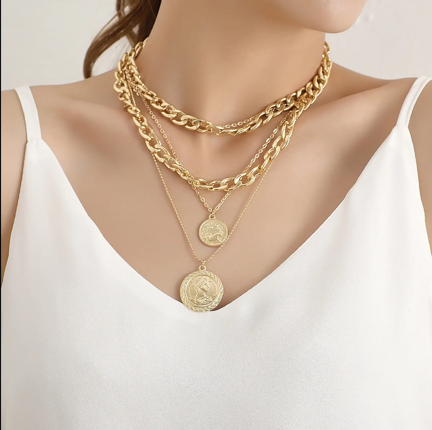 Bold & Trendy Gold Layered Chain Necklace With Coin Pendants. Make A Fashion Statement With This Gorgeous Layered Gold Necklace! Featuring A Mix Of Chunky Chains And Delicate Layers