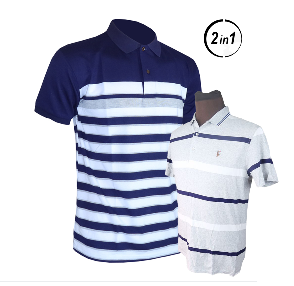 Upgrade Your wardrobe With Stylish 2-In-1 Men's Polo Shirt Pack Featuring Bold Horizontal Stripes. Perfectly Combining Casual Elegance And Comfort,  Men's T-Shirt Made From High-Quality Cotton
