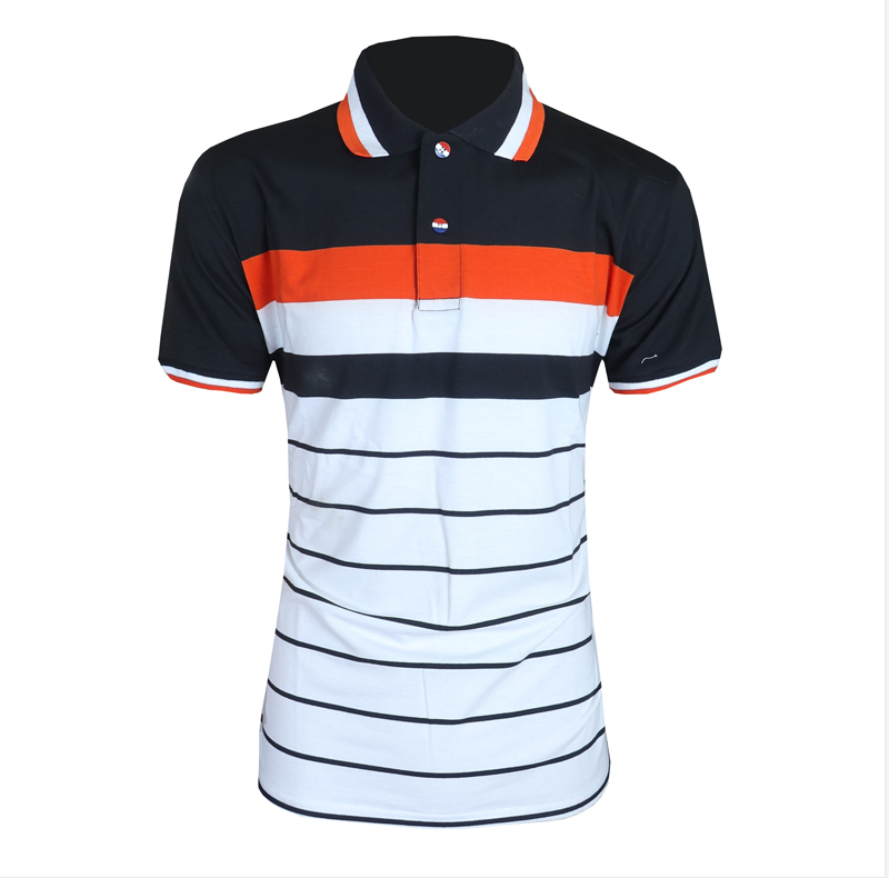 Men Shirt Men Polo T-shirt . Stylish Striped Polo Shirt.  Elevate Your Look! Add A Touch Of Modern Elegance To Your Wardrobe With This Bold Striped Men Top Featuring A Black, White And Orange Design