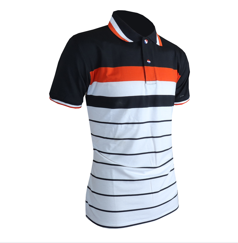 Men Shirt Men Polo T-shirt . Stylish Striped Polo Shirt.  Elevate Your Look! Add A Touch Of Modern Elegance To Your Wardrobe With This Bold Striped Men Top Featuring A Black, White And Orange Design