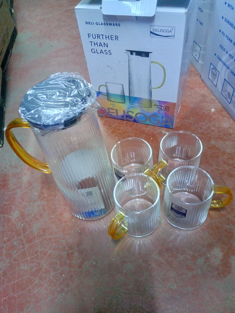 5pcs of Deli Stunning and Gorgeous Waterset Glass Jug 4pcs of Water, Juice Glass Cups and 1pc of Glass Jug
