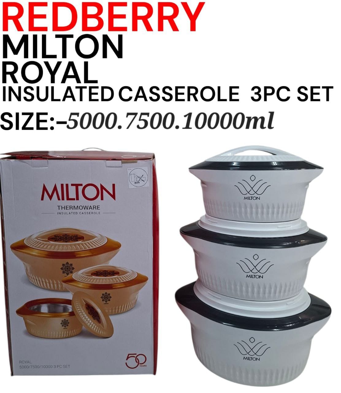 3pcs Redberry Milton Royal Premier Range Plastic Designer Insulated Hotpots Serving Dish Big Casserole Set Hot Pot Serveware Set Serve or Keep Food Hot or Cold Size 5000/7500/10000ml