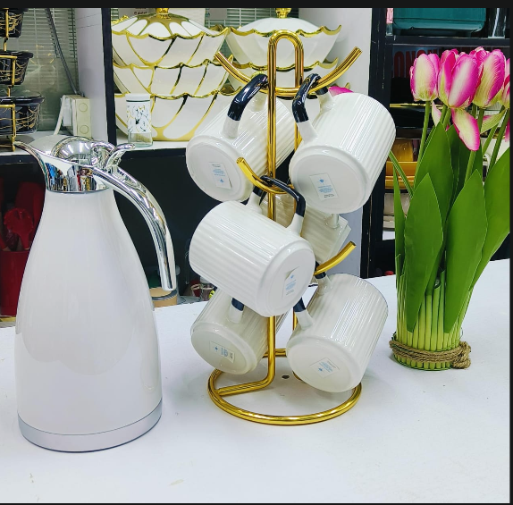 7pcs Luxury Tea Cup Set 6 pc Japanese mug 2:0 ltrs  Thermal Flask – Elegant Ceramic Mug Set for Home & Office